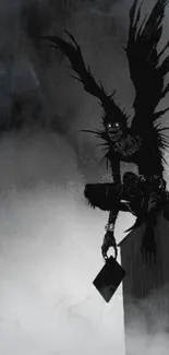 Shadowy figure with dark wings on fantasy wallpaper