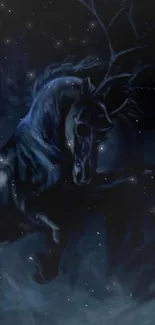 Mystical unicorn in dark forest wallpaper.