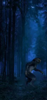 Mystical creature in a dark blue forest at night.