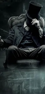 Mysterious gentleman in top hat sitting in dark atmosphere.