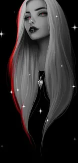 Mystical figure with flowing gray and red hair on a black background.