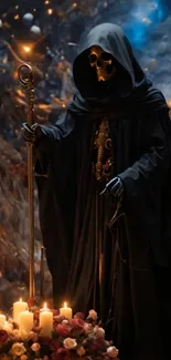 A hooded figure with a golden skull by candlelight.
