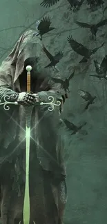 Mystical knight with sword and ravens in a dark green forest wallpaper.