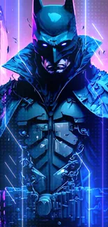 Mystical dark knight in neon hues with intricate armor design.