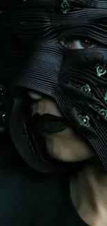 Dark mystical mask with emerald accents on a black background.