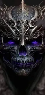 Mystical dark mask with deep purple eyes in ornate design.