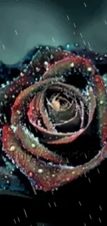 Captivating dark rose with dewdrops on a textured background.