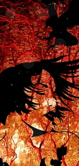 Mystical dark silhouette art with fiery orange background.