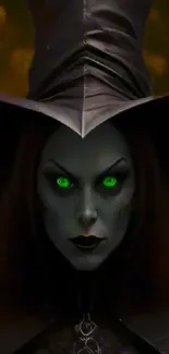 Mystical dark sorceress with glowing green eyes.