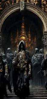 Dark gothic temple with hooded figures and ornate architecture.