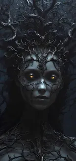 Dark mystical woman with tree-like branches and glowing eyes.