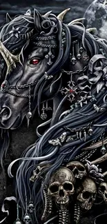 Gothic unicorn with moonlit mane and skulls in dark fantasy art.