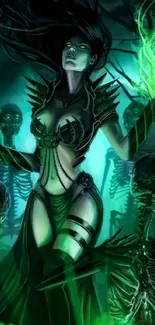 Dark witch with green flames and skeletons on phone wallpaper.