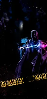 Mystical hooded figure with neon lights in a dark world setting.