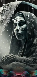 Mystical Day of the Dead art with intricate face paint in grayscale tones.