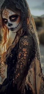 Woman in lace with sugar skull makeup for Day of the Dead.