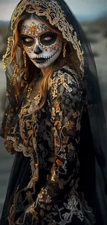 Day of the Dead themed ornate black attire.