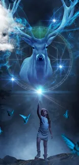 Fantasy wallpaper with luminous deer and girl under a mystical blue sky.