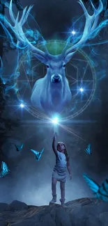 Fantasy mobile wallpaper with a mystical glowing deer and blue butterflies.