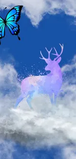 Mystical deer and butterfly amidst blue clouds.