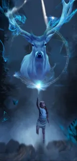 A mystical wallpaper featuring a luminous deer and a girl pointing to the sky.