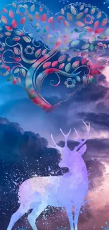 Mystical deer with heart amid stormy sky wallpaper.