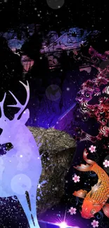 Ethereal deer and vibrant koi on mystical purple backdrop.