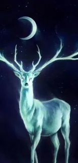 Mystical white deer standing under a crescent moon and starry sky.