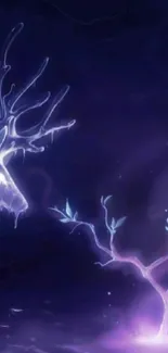 Mystical deer and glowing tree in purple fantasy art.