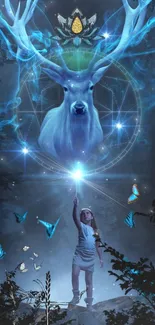 Mystical artwork of a glowing blue stag and a girl with butterflies.