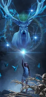 Mystical fantasy wallpaper with a glowing deer and blue tones.