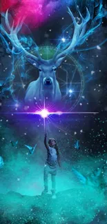 Mystical scene with a luminous deer and child in vibrant cosmic colors.