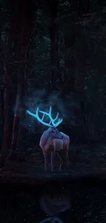 Mystical deer with glowing antlers in a dark forest scene.