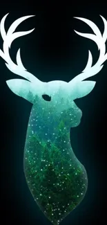 Mystical forest deer silhouette wallpaper in vibrant green tones.