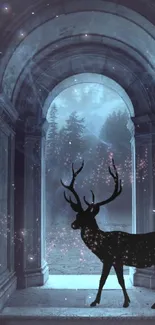 Silhouette of deer in mystical forest with arched stone doorway.