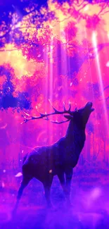 Mystical purple forest with deer at sunset.