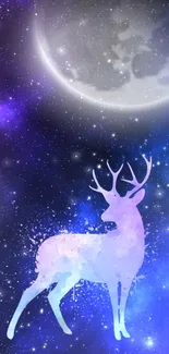 Mystical deer silhouette against a vibrant galaxy and moonlit sky.