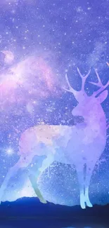 A mystical deer silhouette against a galaxy backdrop on a mobile wallpaper.