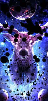 Mystical deer in a vibrant galaxy with celestial colors and cosmic elements.