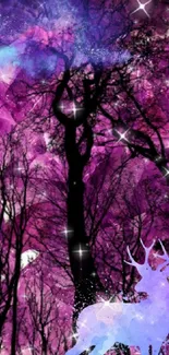 Mystical deer with purple crystals and starry sky background.