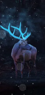 Mystical deer with glowing antlers in a dark forest setting.