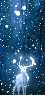 Mystical glowing deer in a dark blue enchanted forest wallpaper.