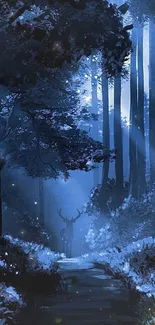 A mystical deer in a starry, enchanted forest at night.