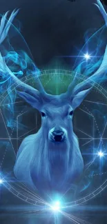 Fantasy wallpaper with mystical deer and blue butterflies.