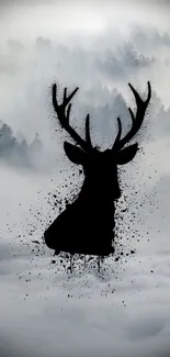 Silhouetted deer in misty forest backdrop.