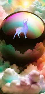 A mystical sphere with a deer surrounded by colorful clouds.