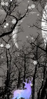 Mystical deer in a moonlit winter forest with intricate snowflakes.