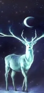 Mystical deer with a crescent moon in a starry night sky wallpaper.