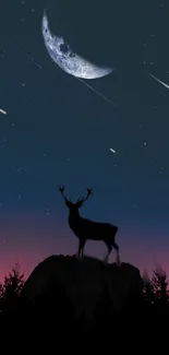 Silhouetted deer under night sky with moon and stars