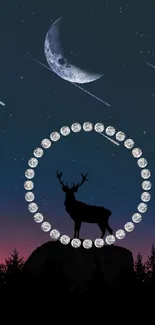 Deer silhouette with moon and stars on a dark blue night sky wallpaper.